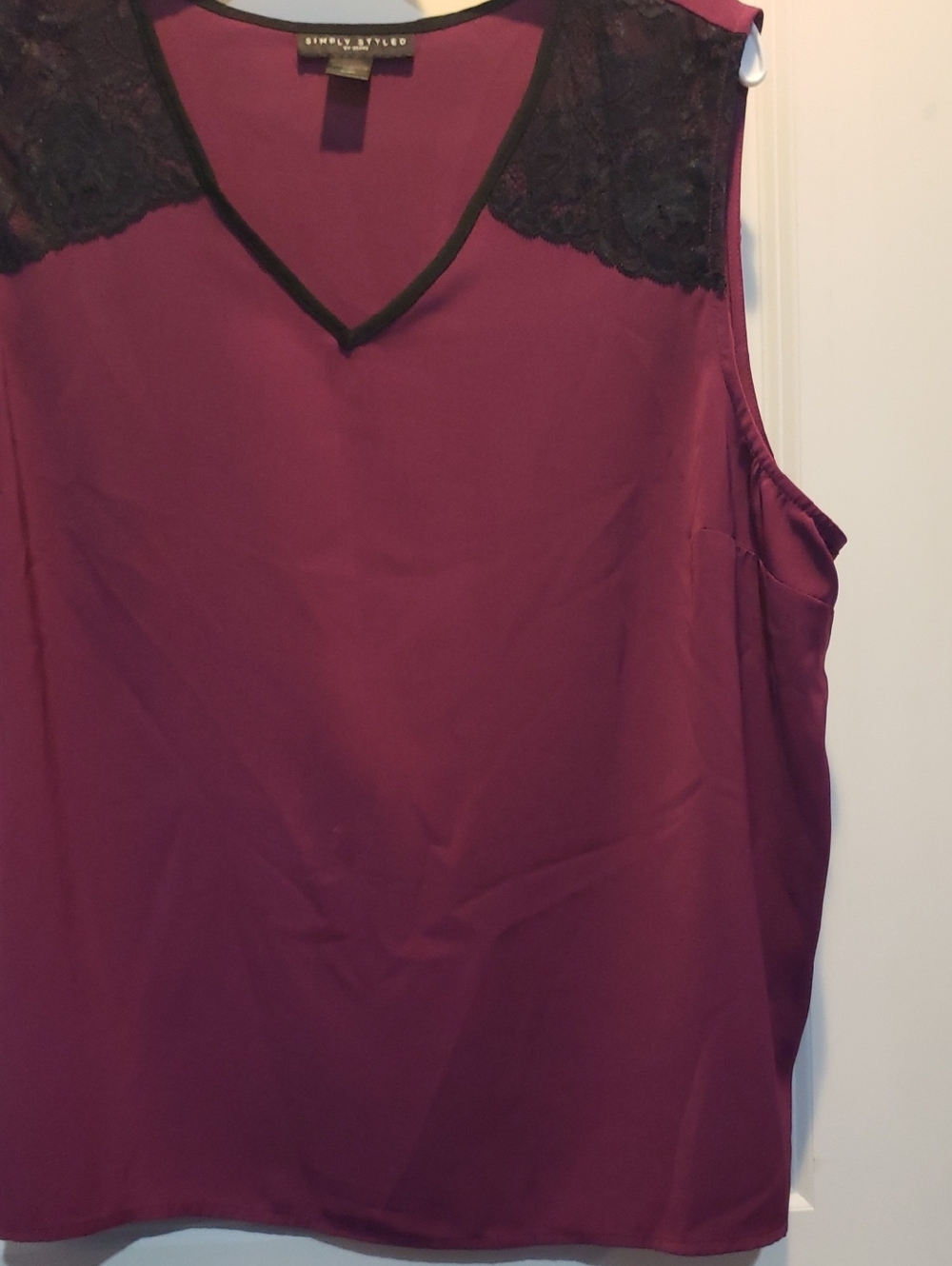 Burgundy W/ Black Lace-Shoulder, V-Neck Sleeveless Top